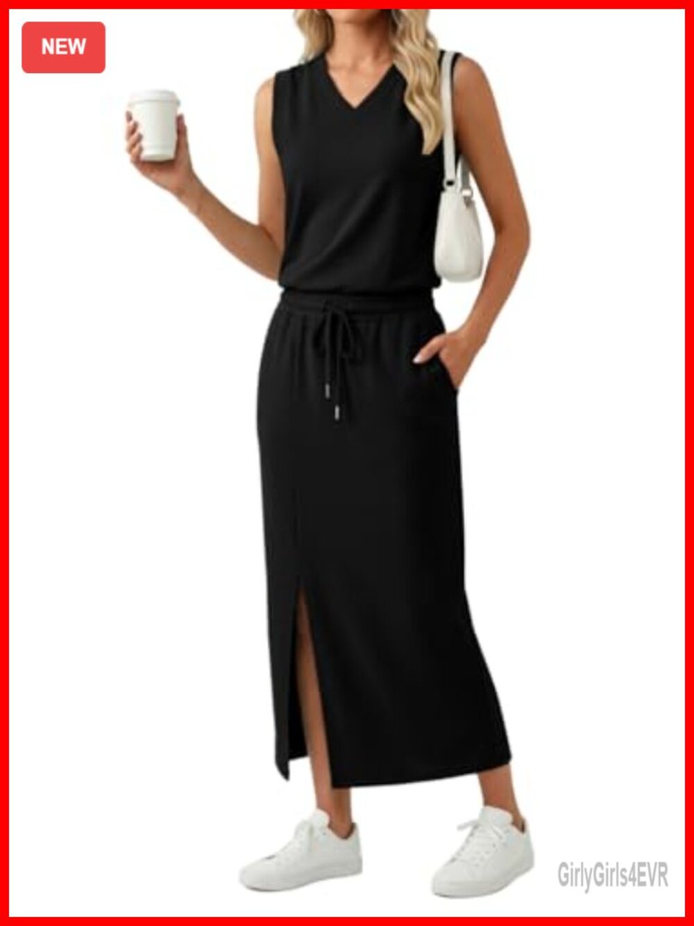 Women 2 Piece Skirt Set V Neck Sleeveless Top Side Slit Maxi Skirt Pockets